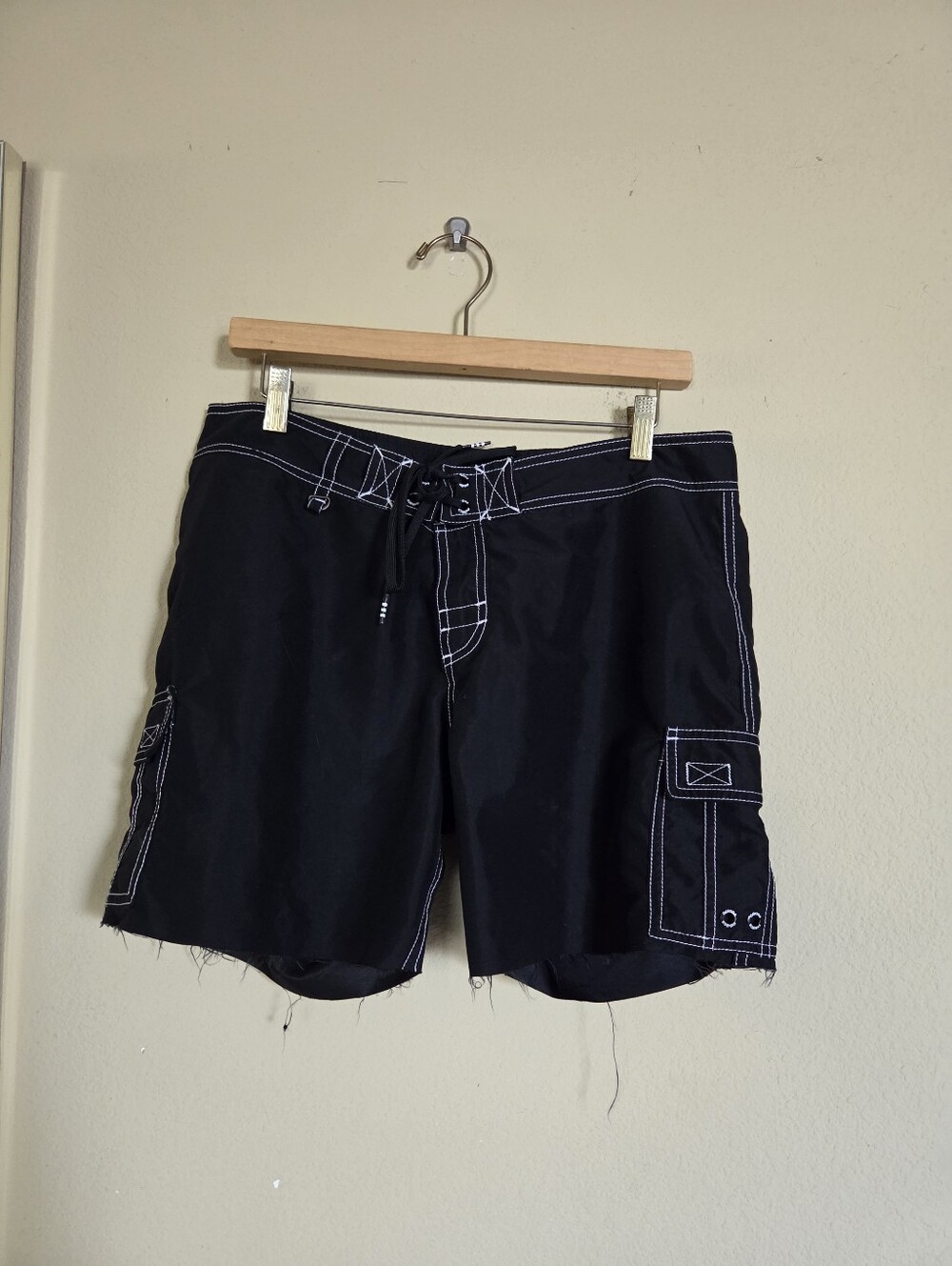 adidas Black Swim Board Shorts with White Contrast Stitching Raw Hem Cut Off
